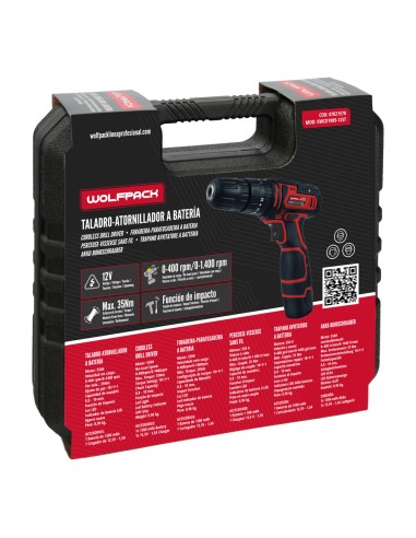 Taladro Atornillador 12 V. Con 2 Velocidades y Percutor. Bateria 1.300 mAh. Par Apriete 35 Nm.