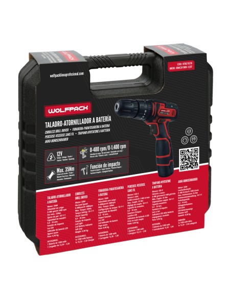 Taladro Atornillador 12 V. Con 2 Velocidades y Percutor. Bateria 1.300 mAh. Par Apriete 35 Nm.