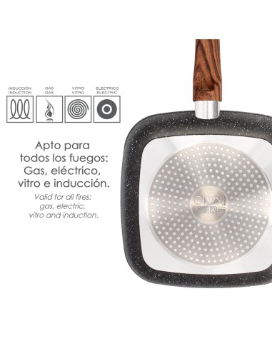 Sarten Aluminio Forjado Antiadherente 24x24x4,5 cm. Mango Engomado / 5 capas / Acabado Piedra / Todo Tipo de Cocinas / Grill