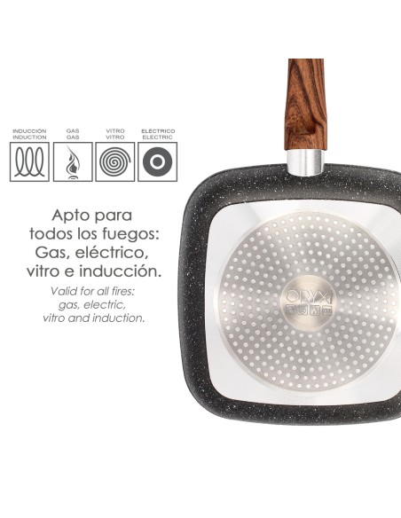 Sarten Aluminio Forjado Antiadherente 24x24x4,5 cm. Mango Engomado / 5 capas / Acabado Piedra / Todo Tipo de Cocinas / Grill