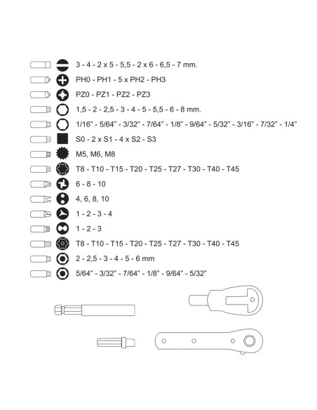 Juego Puntas con Destornillador 1/4" 99 Pzs. Con Apadtador. Cromo Vanadio, Kit Llave Combinada, Kit Carraca,
