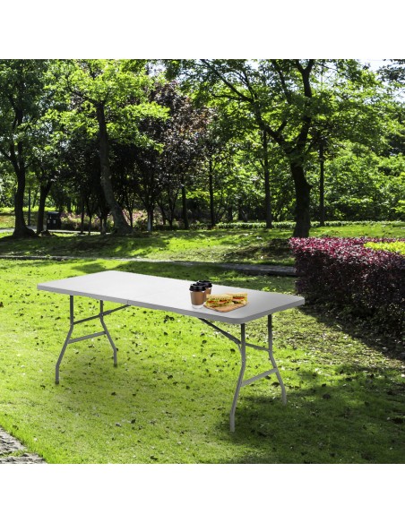 Mesa Plegable Rectangular HDPE Multifuncional, Portatil, Resistente,Multiusos 180x74x74 cm. Color Blanco