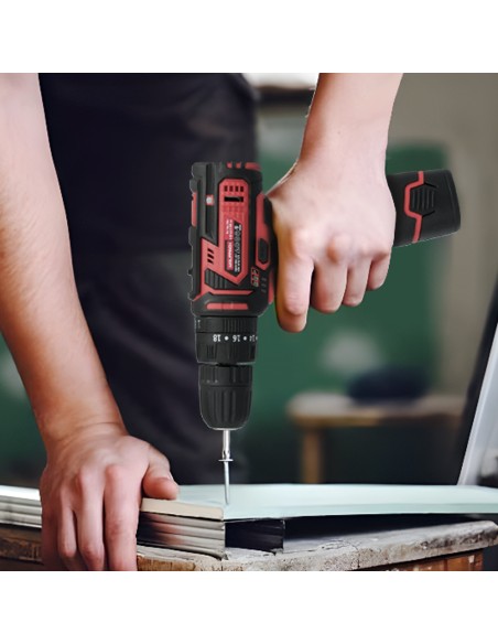 Taladro Atornillador 12 V. Con 2 Velocidades y Percutor. Bateria 1.300 mAh. Par Apriete 35 Nm.