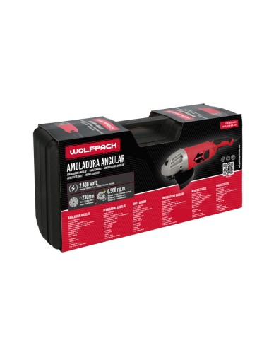 Amoladora Angular 2.400 Watt. Disco Ø 230 mm. 6.500 R.P.M. Mango 3 Posiciones Eje M14 Protector Disco Ajustable, Anti arranque