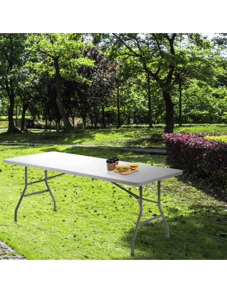 Mesa Plegable Rectangular HDPE Multifuncional, Portatil, Resistente,Multiusos 244x76x74 cm. Color Blanco