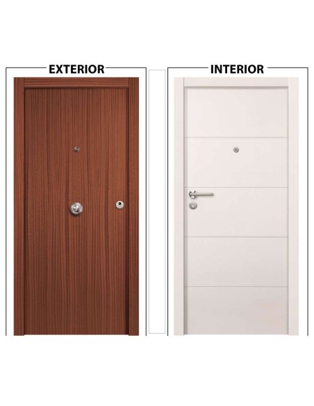 PUERTA BLOCK BLINDADA SAPELY LISO EXTERIOR Y BLANCO RAYAS INTERIOR 2030X825DEREC
