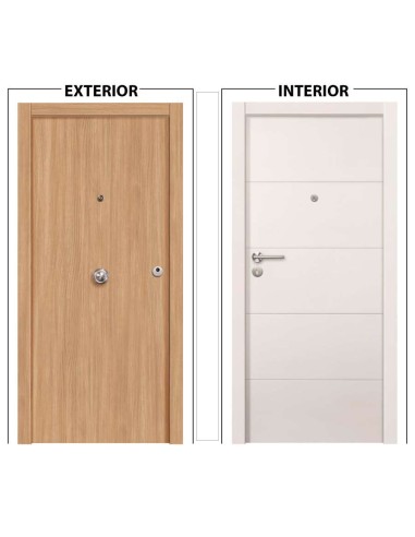PUERTA ROBLE BLINDADA ROBLE LISO EXTERIOR BLANCORAYAS INTERIOR2030X825X45IZQUIER